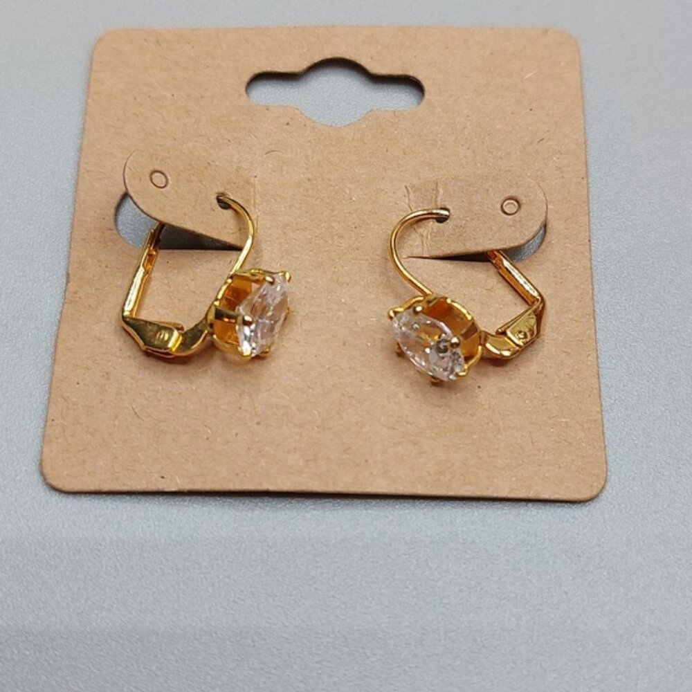 Prong Set Sparkly Clear Crystal Solitaire Gold Tone Huggie Leverback Earrings